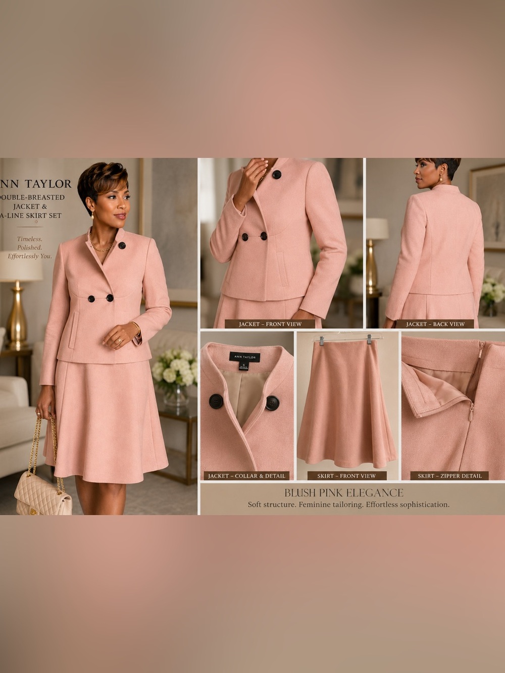 Ann Taylor Blush Pink Two-Piece Knit Skirt Set with Dark Buttons